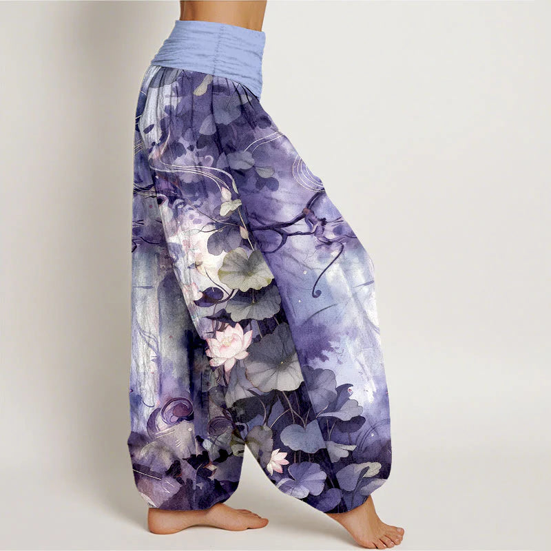 Buddha Stones Pure Cotton Watercolor Style Lotus Flower Leaf Pattern Women's Elastic Waist Harem Pants