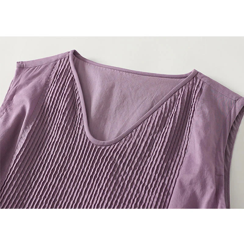 Buddha Stones Solid Color Accordion Design Sleeveless Cotton Midi Dress With Pockets