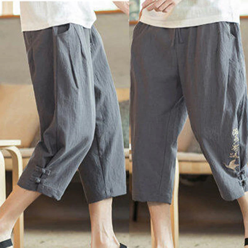 Buddha Stones Crane Embroidery Cotton Men's Cropped Harem Pants With Pockets