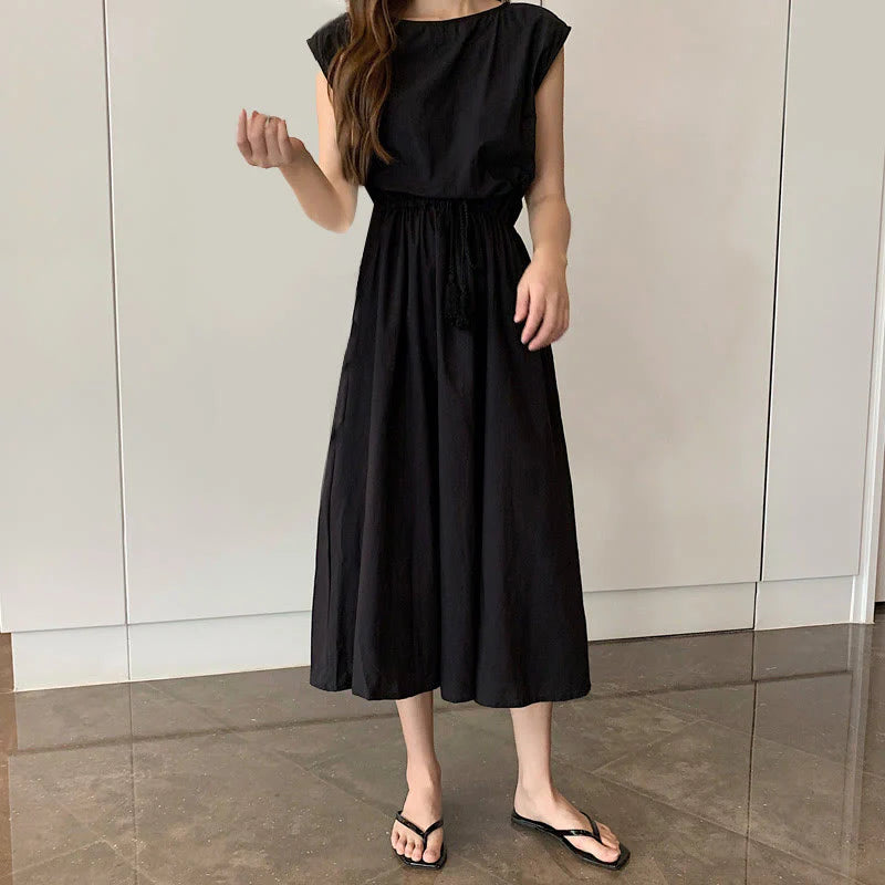 Buddha Stones Casual Eastic Waist Drawstring Design Short Sleeve Cotton Linen Midi Dress