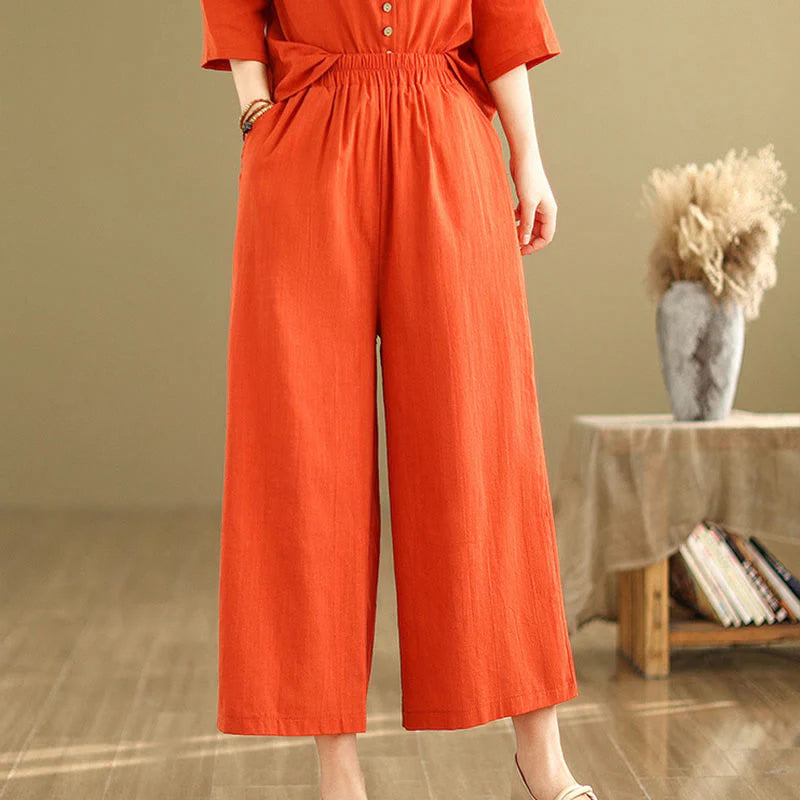 Buddha Stones 2pcs Casual Women's Stand Collar Shirt Loose Pants Meditation Clothing Set