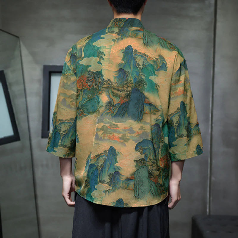 Buddha Stones Spring Frog-Button Dragon Mountain Flower Three Quarter Sleeve Tang Suit Men's Shirt With Pockets