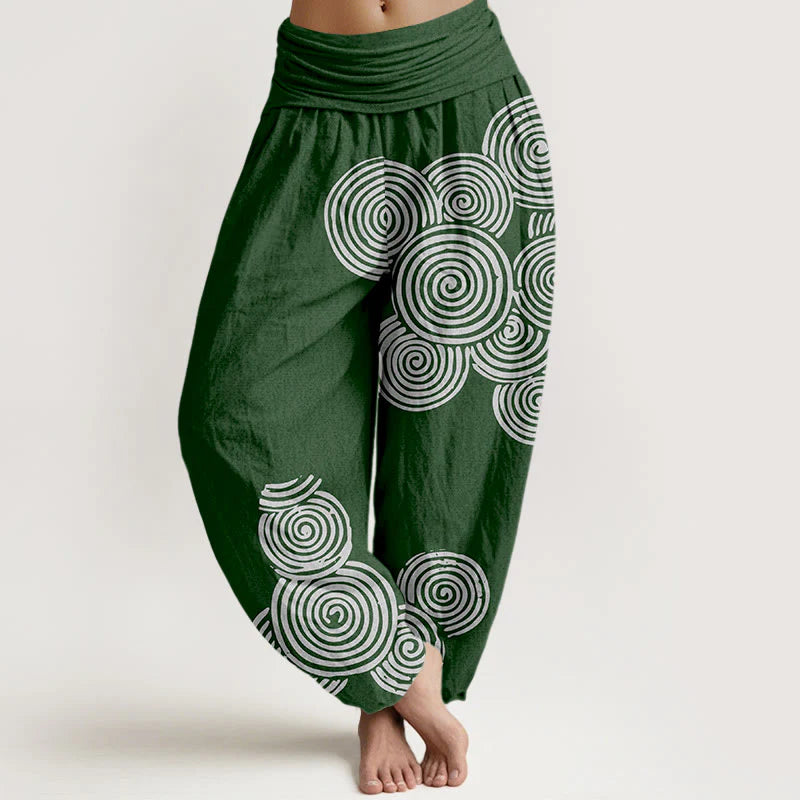 Buddha Stones Printed White Spiral Pattern Women's Elastic Waist Harem Pure Cotton Pants