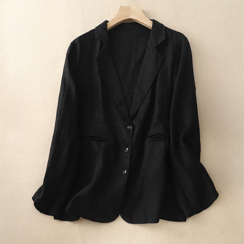 Buddha Stones Commute Retro Pure Color Lapel Cotton Linen Women's Jacket With Pockets