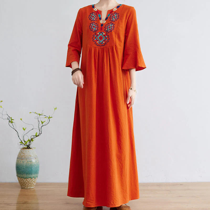 Buddha Stones Loose Plain Ethnic Embroidery Floral Pattern Three Quarter Sleeve Cotton Linen Maxi Dress