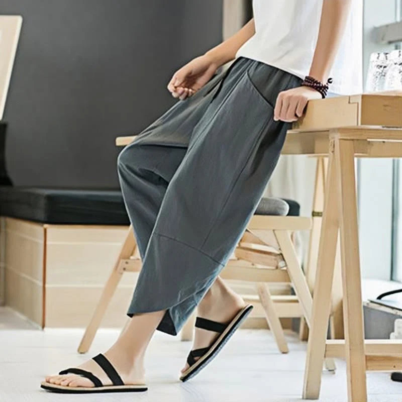 Buddha Stones Summer Men's Solid Color 7-8 Length Cotton Linen Drawstring Pants With Pockets