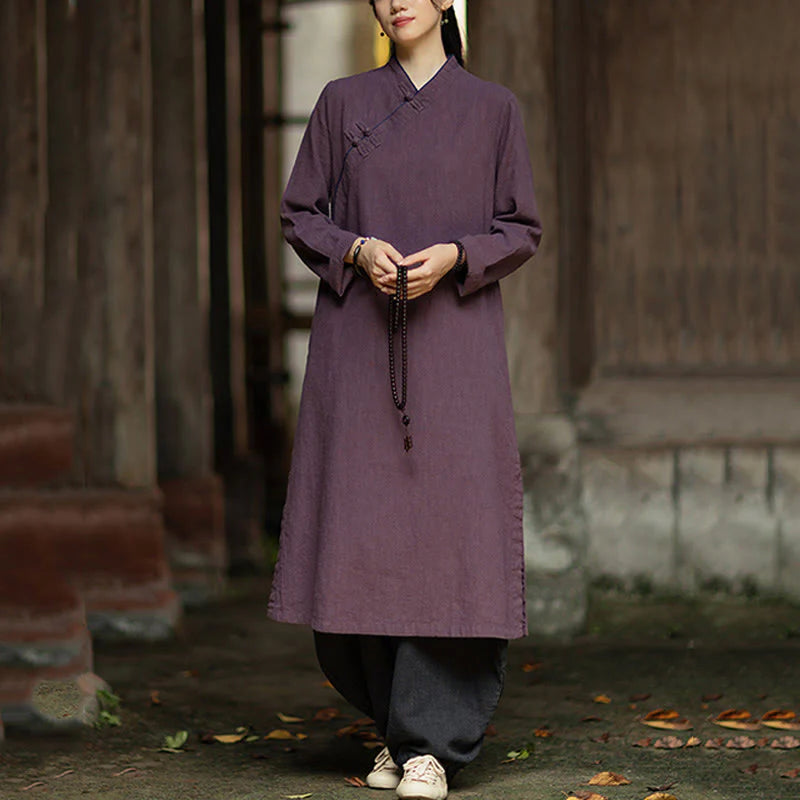 Buddha Stones Solid Frog-Button Long Sleeve Ramie Linen Midi Dress Cheongsam With Pockets
