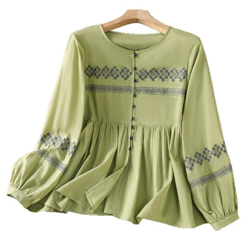 Buddha Stones Embroidery Pleated Buttons Long Lantern Sleeve Women's Cotton Shirt