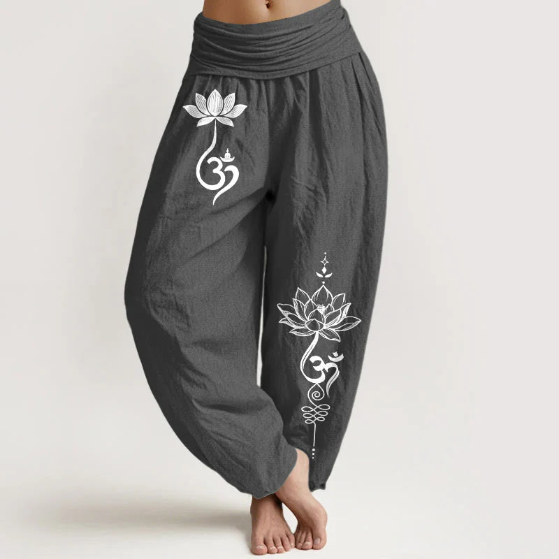 Buddha Stones Cotton Lotus Flower Om Pattern Women's Elastic Waist Harem Pants