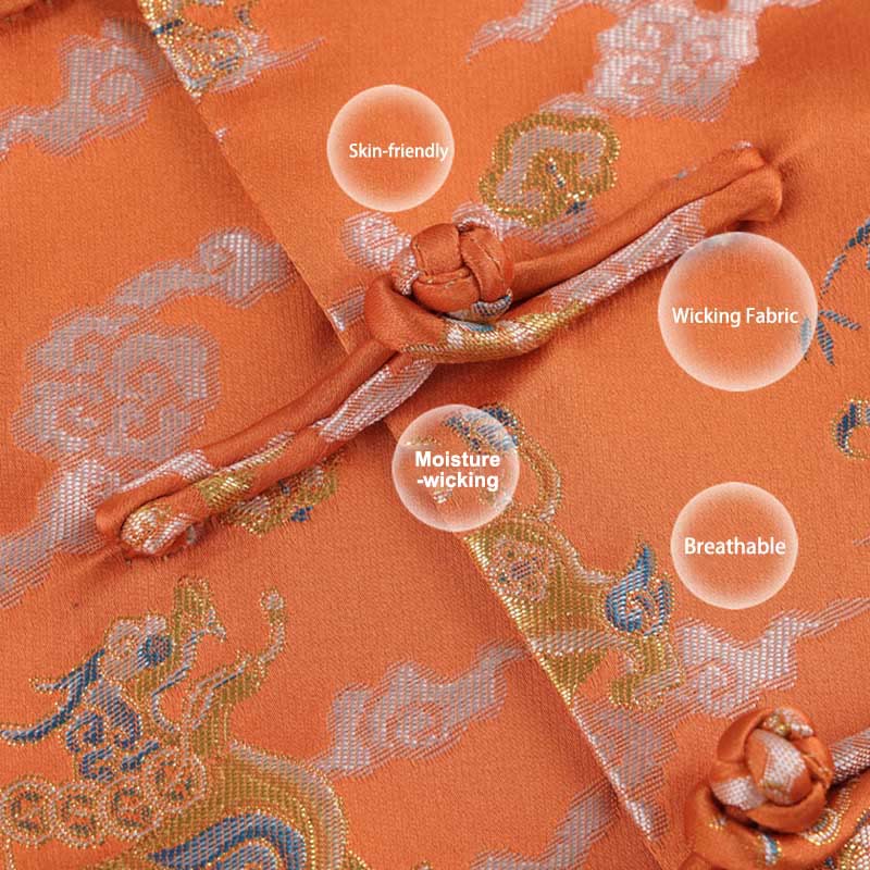 Buddha Stones Orange Kirin Auspicious Clouds Frog-Button Long Sleeve Men's Jacket With Pockets