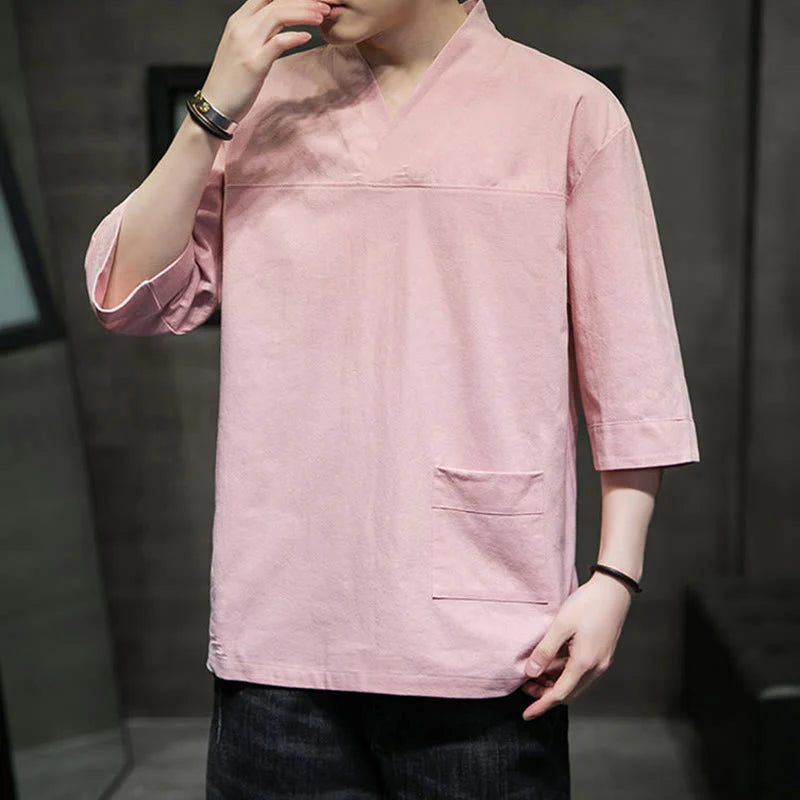 Buddha Stones Summer Casual Simple V-Neck Design Men's Cotton Linen Three Quarter Sleeve T-Shirt With Front Pocket