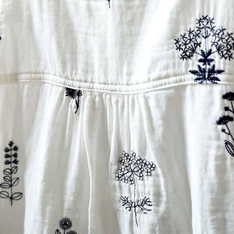 Buddha Stones Floral Embroidery Buttons Down Long Sleeve Women's Cotton Shirt