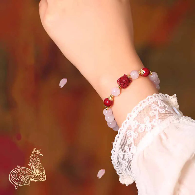Buddha Stones Natural Pink Crystal Cinnabar Nine Tailed Fox Love Bracelet