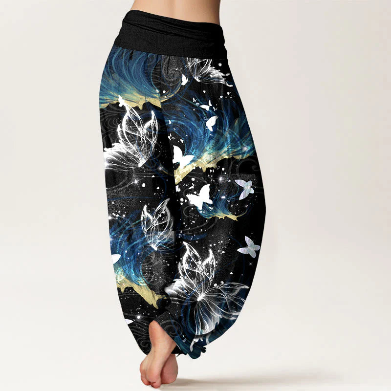 Buddha Stones Pure Cotton Dreamlike Butterfly Line Pattern Women's Elastic Waist Harem Pants