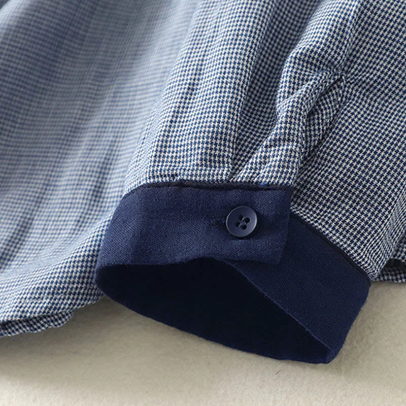 Buddha Stones Fall Blue Striped Color Blocking Stand Collar Buttons Down Design Women's Long Sleeve Shirt