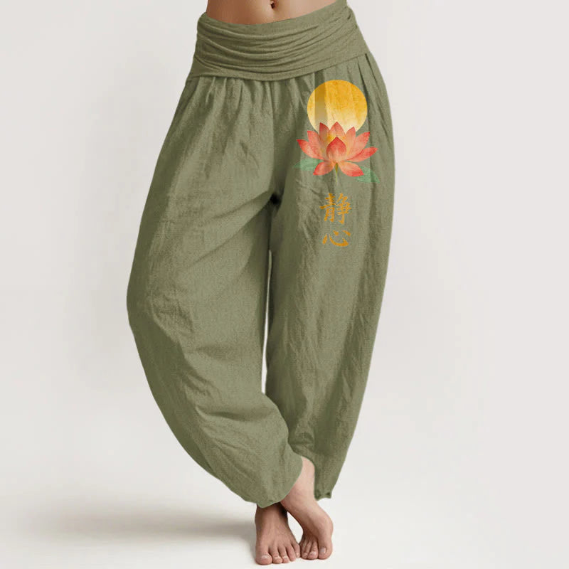 Buddha Stones Cotton Full Moon Lotus Flower Pattern Women's Elastic Waist Harem Pants