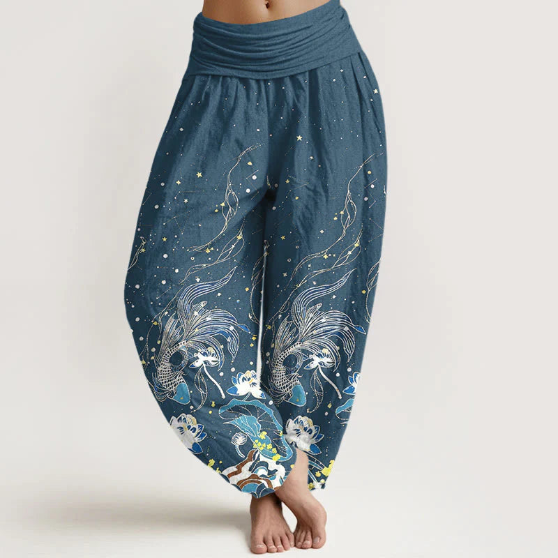 Buddha Stones Cotton Starry Sky Koi Fish Lotus Waves Pattern Women's Elastic Waist Harem Pants