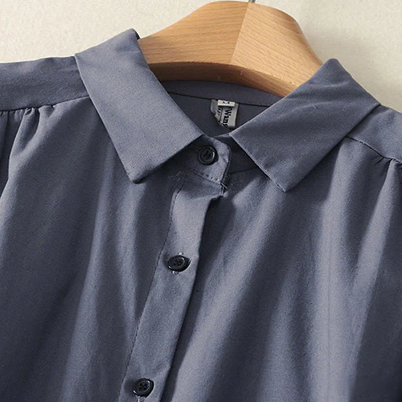 Buddha Stones Fall Solid Color Lapel Buttons Long Sleeve Cotton Midi Dress With Pockets