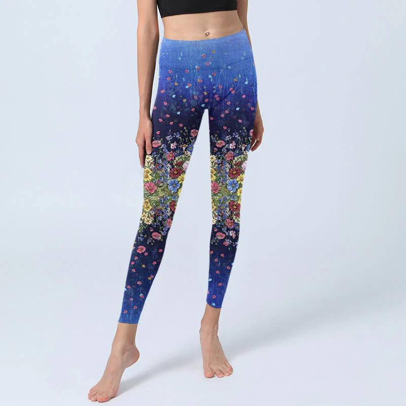 Buddha Stones Gradient Color Flower Pattern Print Gym Leggings Women's Yoga Pants