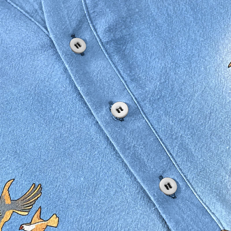 Buddha Stones Cotton Ocean Bird Wave Rock Print Men's Short Sleeve Half Button Shirt