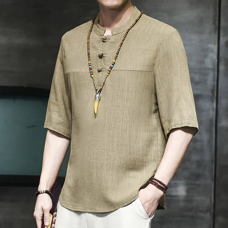 Buddha Stones Casual Vintage  Chinese Frog-Button Men's Half Sleeve Cotton Linen T-Shirt