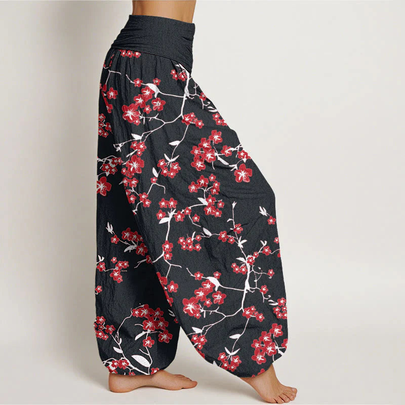 Buddha Stones Cotton Red Peach Blossom Pattern Women's Elastic Waist Harem Pants