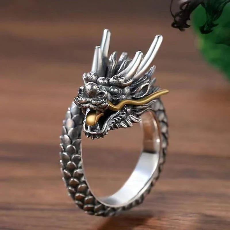 Buddha Stones 925 Sterling Silver Vintage Dragon Design Protection Strength Adjustable Ring  (Extra 30% Off | USE CODE: FS30)