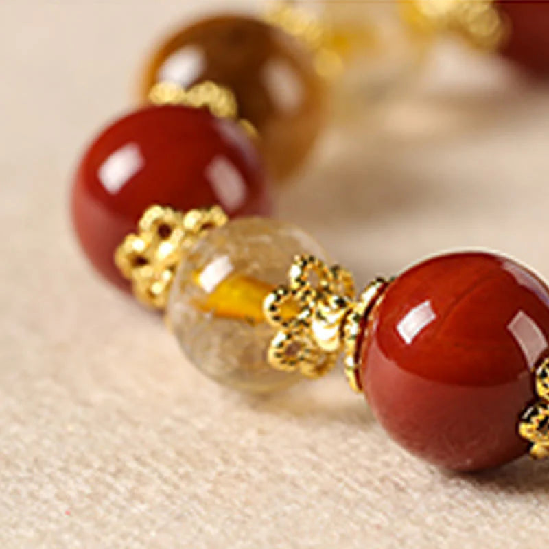 Buddha Stones Natural Golden Rutilated Quartz Tiger Eye Beads Wealth Bracelet