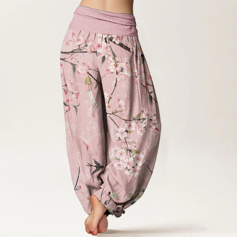 Buddha Stones Cotton Peach Blossoms Flying Geese Pattern Women's Elastic Waist Harem Pants