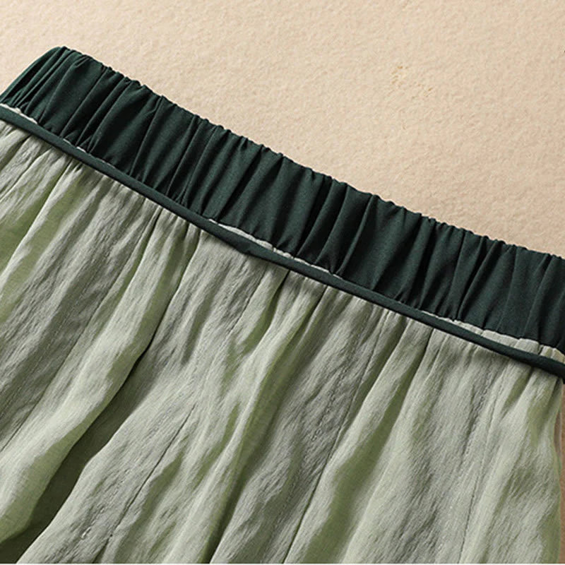 Buddha Stones Casual Contrasting Color Pleated Lace-Up Design Women's Cotton Linen 7-8 Length Skirt