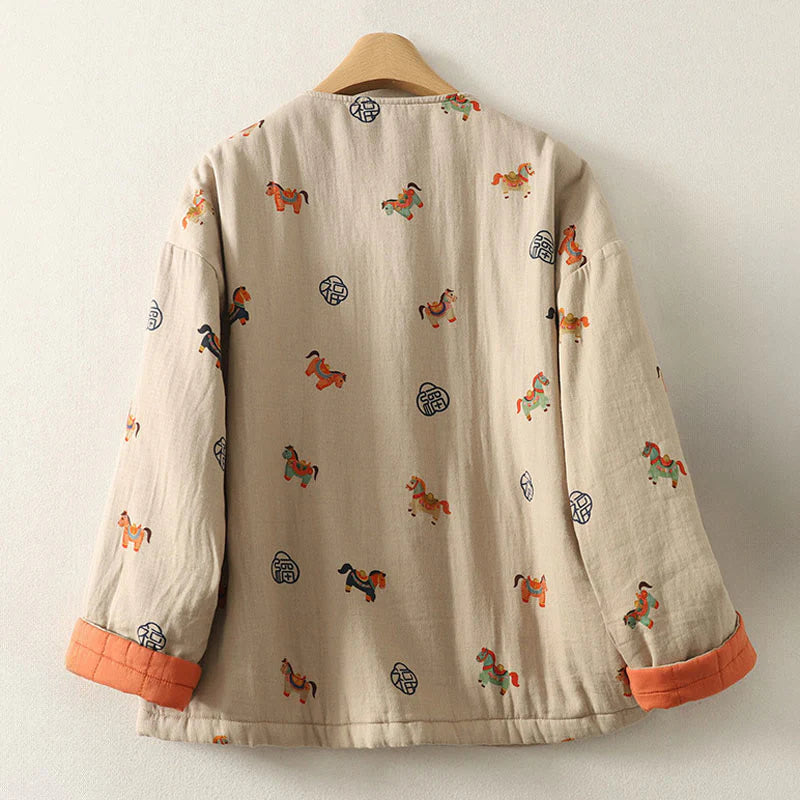 Buddha Stones Horse Fu Character Pattern Frog-Button Design Women's Long Sleeve Thickened Jacket
