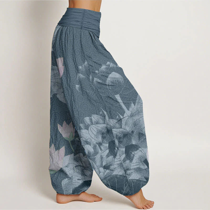Buddha Stones Cotton Pink And White Lotus Women's Elastic Waist Harem Pants