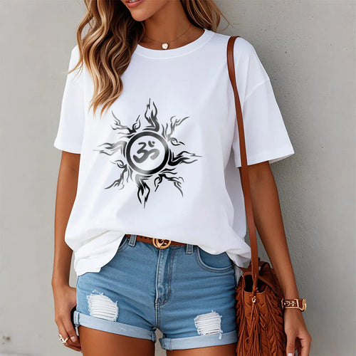 Buddha Stones Sunburst Pattern Surrounding An Om Symbol Pattern Cotton Tee T-shirt