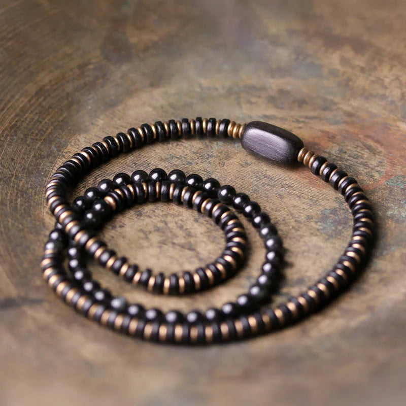Buddha Stones Rainbow Obsidian Ebony Wood Copper Healing Triple Wrap Bracelet