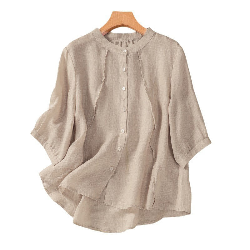 Buddha Stones Casual Daily Plain Button Ruffled Design Stand Collar Women's Cotton Linen Three Quarter Sleeve Shirt Cardigan