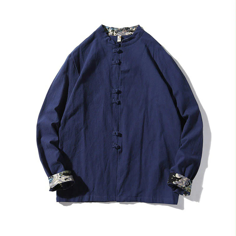 Buddha Stones Men's Frog-Button Dragon Pattern Cuffs Cotton Long Sleeve Shirt