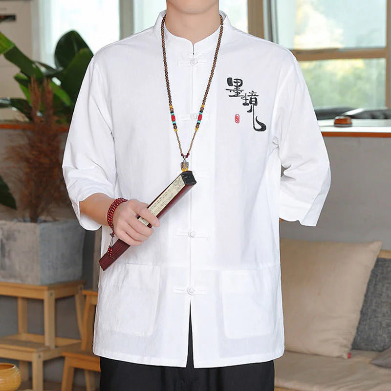 Buddha Stones Frog-Button Chinese Tang Suit Three Quarter Sleeve Cotton Linen Men's Shirt