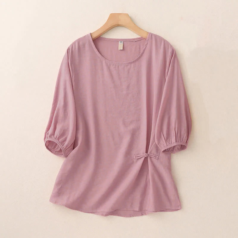 Buddha Stones Solid Color Frog-Button Design Puff Short Sleeve Women's T-Shirt