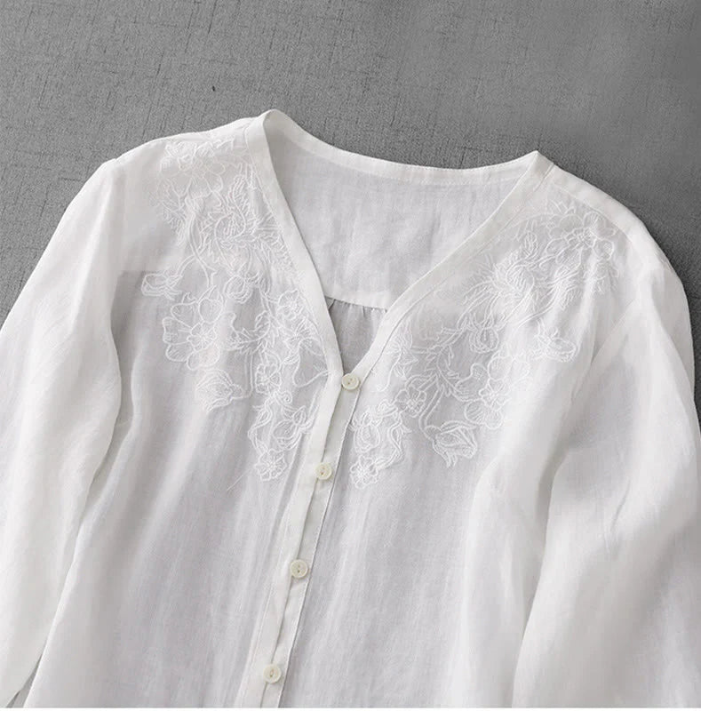 Buddha Stones Artistic Pure Color Embroidered Front Button Design Women's Cotton Half Sleeve Shirt Cardigan