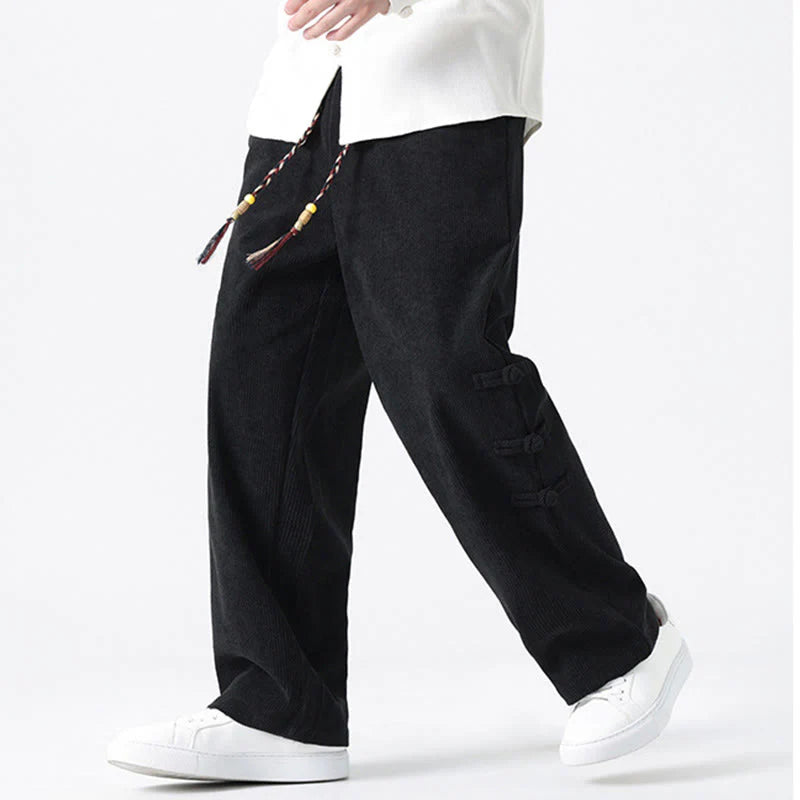 Buddha Stones Fall Solid Frog-Button Men's Drawstring Corduroy Straight Leg Pants With Pockets