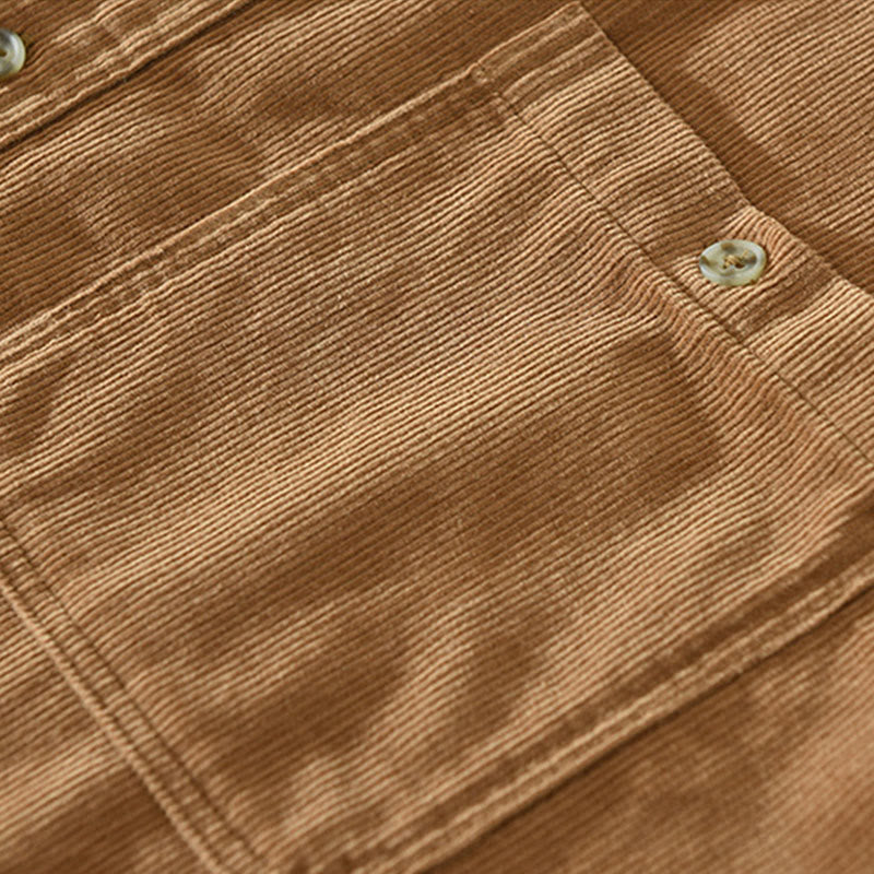 Buddha Stones Fall Decorative Pocket Buttons Down Stand Collar Long Sleeve Men's Cotton Corduroy Shirt
