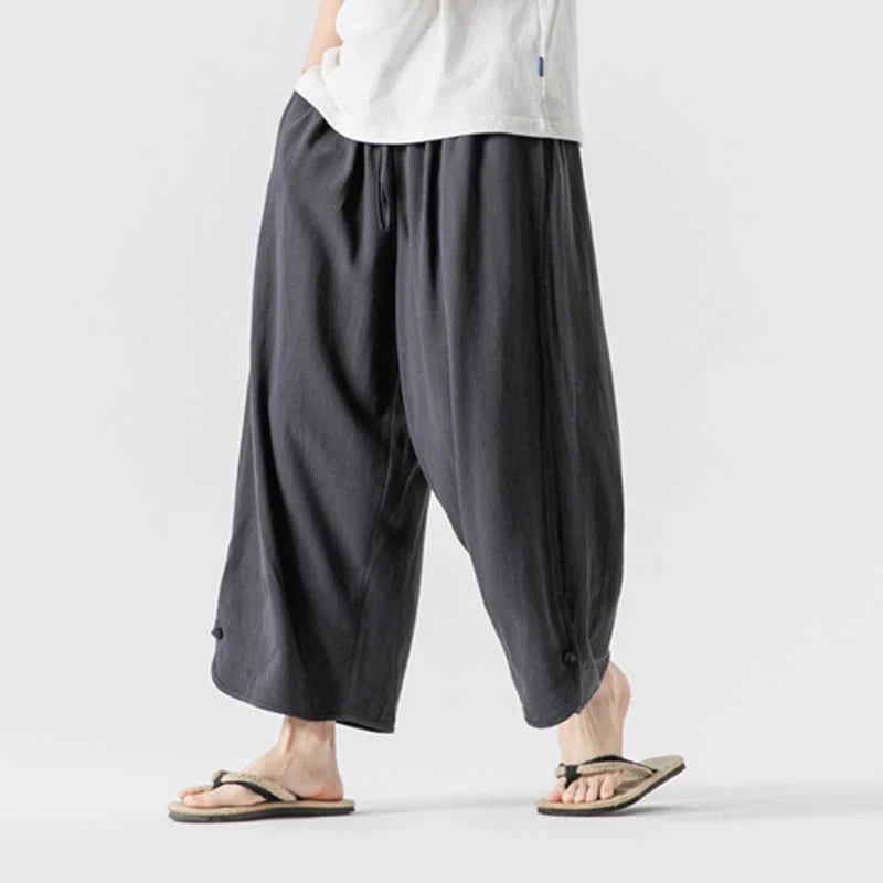 Buddha Stones Summer Plain Drawstring Design Linen Cotton Men's 7-8 Length Pants With Pockets