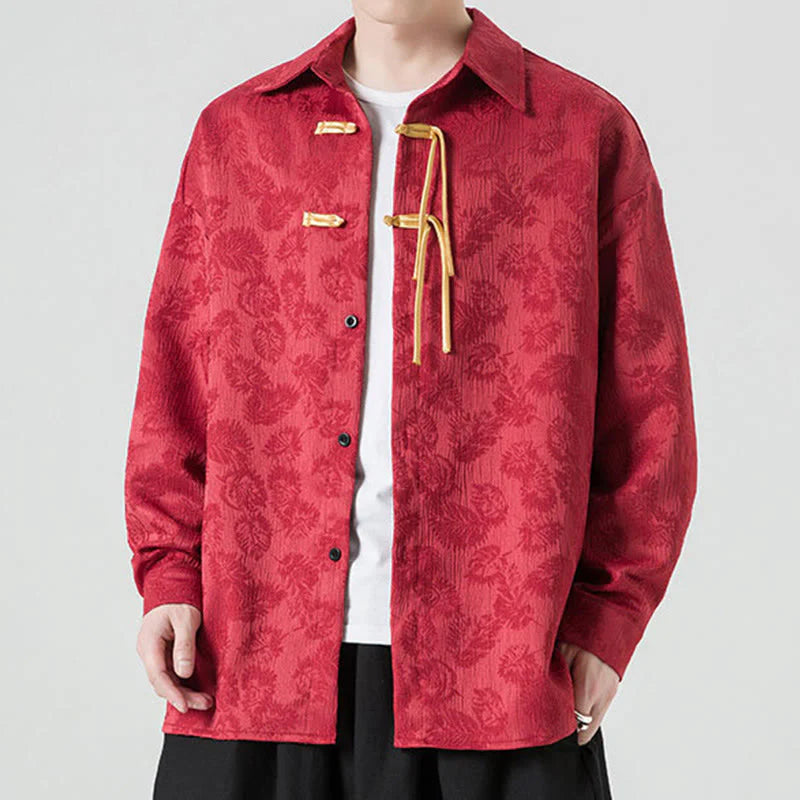 Buddha Stones Frog-Button Leaves Pattern Long Sleeve Men's Tang Suit Jacket