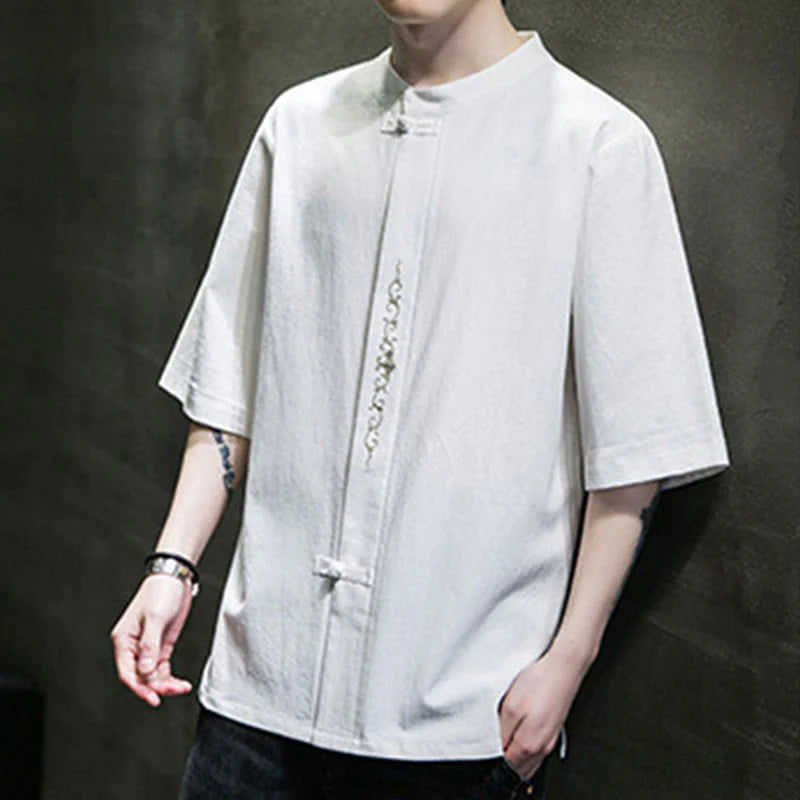 Buddha Stones Plain Color Frog-Button Embroidery Men's Half Sleeve Cotton Shirt