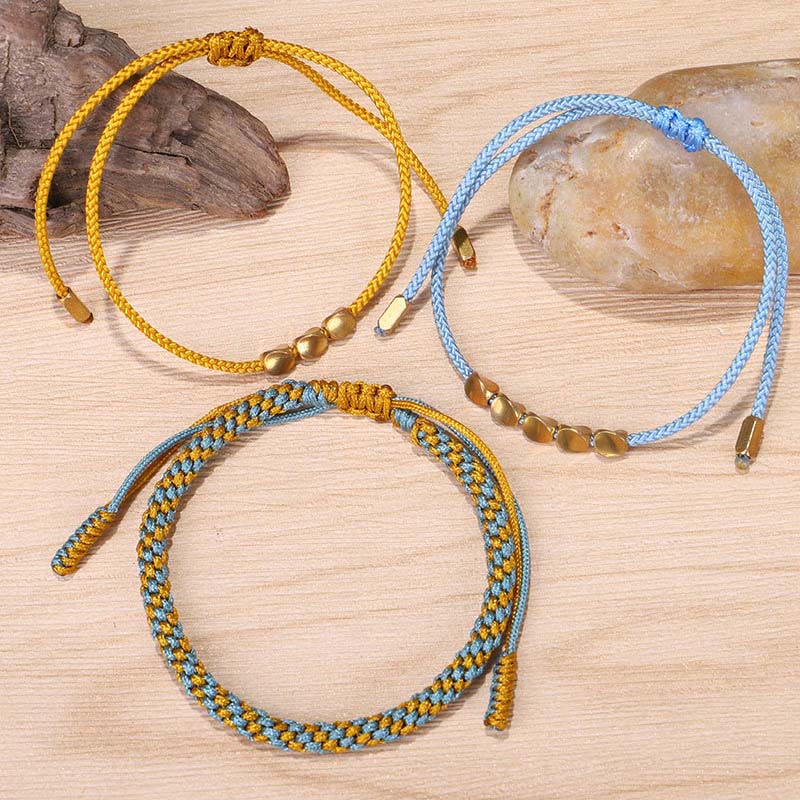 Buddha Stones 3Pcs Blue Yellow String Golden Copper Beads Healing Bracelet