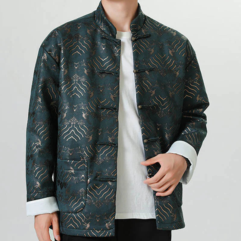 Buddha Stones Frog-Button Chinese Tang Suit Wave Shape Long Shirt Men Jacket Clothing (Extra 30% Off | USE CODE: FS30)
