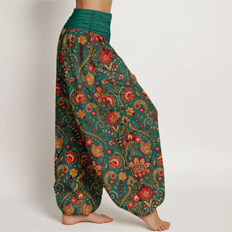 Buddha Stones Cotton Colorful Flower Leaf Scroll Pattern Women's Elastic Waist Harem Pants