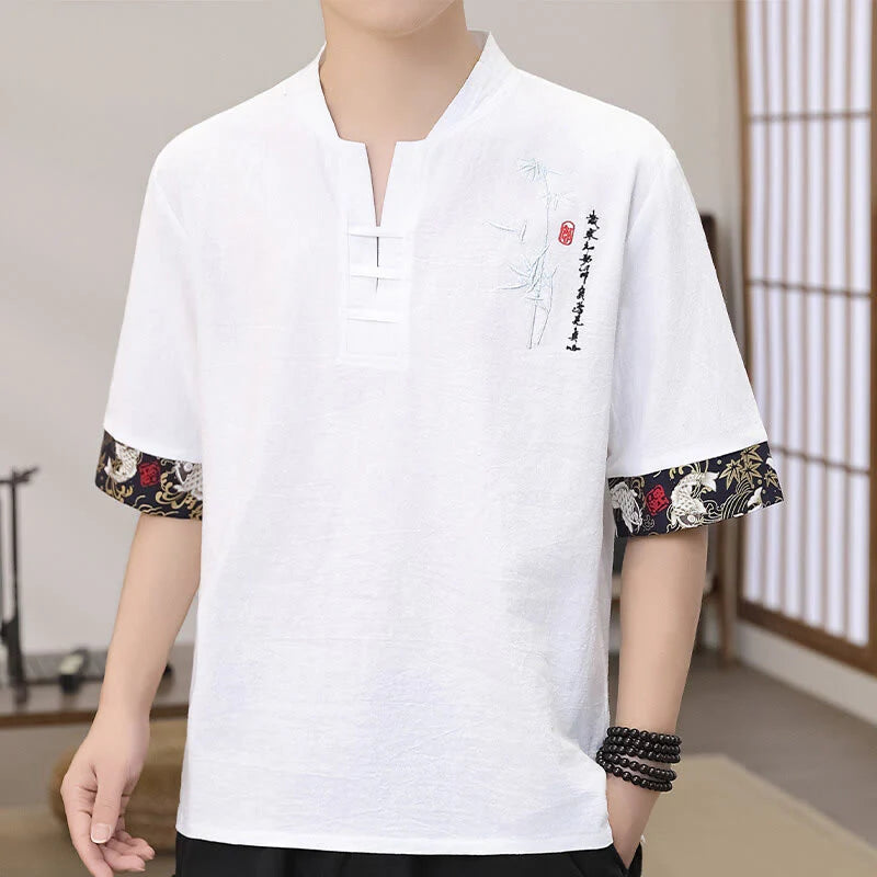 Buddha Stones Summer Embroidery Bamboo Pattern Patchwork Design Men's Half Sleeve Cotton Linen T-Shirt