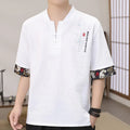 Buddha Stones Summer Embroidery Bamboo Pattern Patchwork Design Men's Half Sleeve Cotton Linen T-Shirt