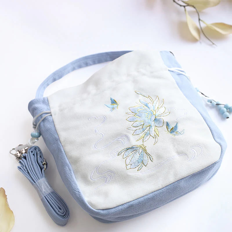 Buddha Stones Embroidered Butterfly Lotus Magnolia Cotton Linen Tote Crossbody Bag Shoulder Bag Handbag
